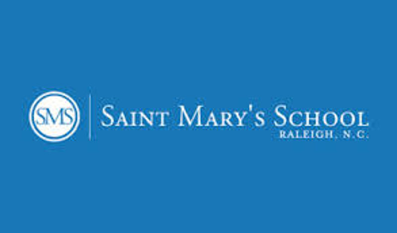 The image features the logo of Saint Mary's School in Raleigh, North Carolina. The logo consists of the letters SMS enclosed in a circle on the left, followed by the full name "Saint Mary's School" and the location "Raleigh, N.C." on the right. The text and the circle are white, set against a blue background, creating a clean and professional look.